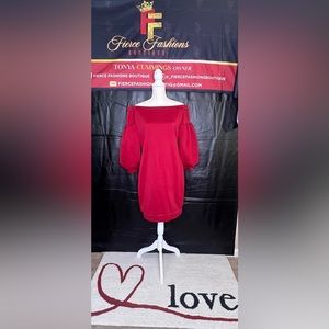 Casual off shoulder mini dress, deep red, cute with heels or stylish sandals.